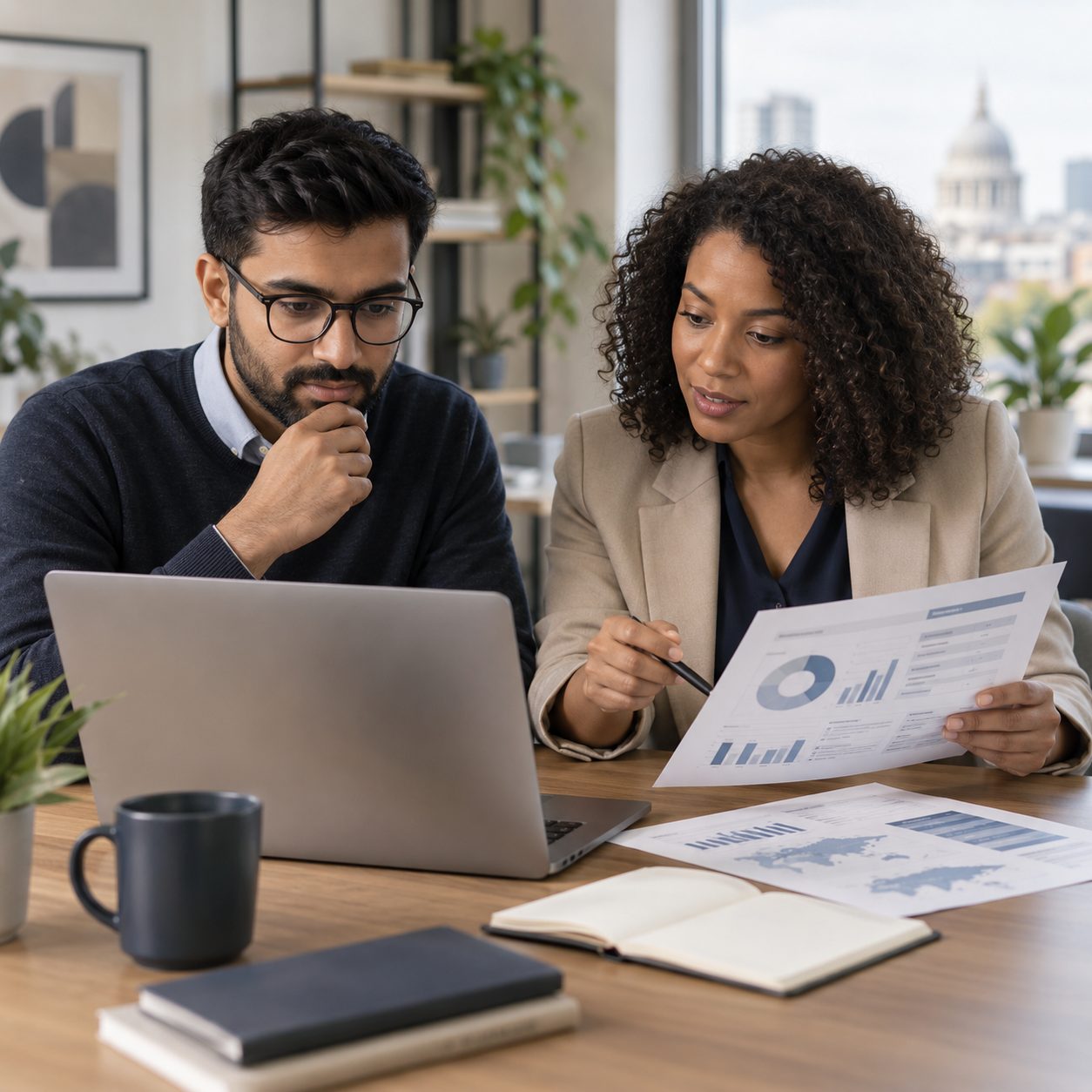 Two colleagues reviewing data charts together