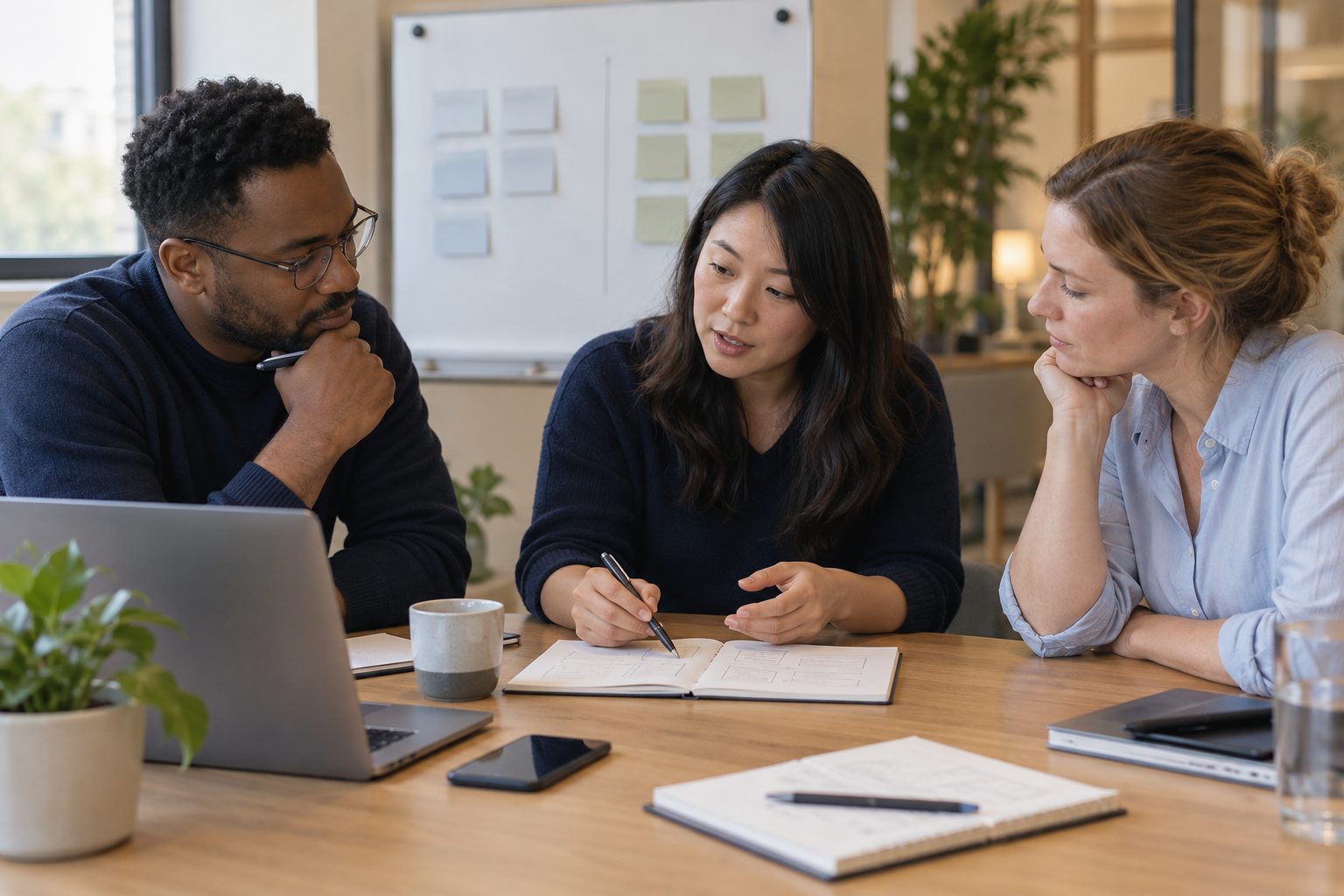 Three colleagues reviewing notes together around a laptop