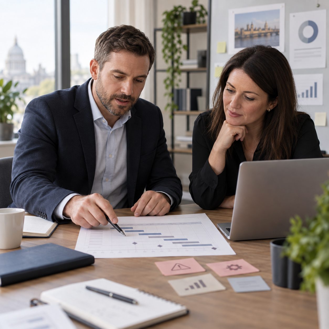 Two colleagues reviewing a project plan document
