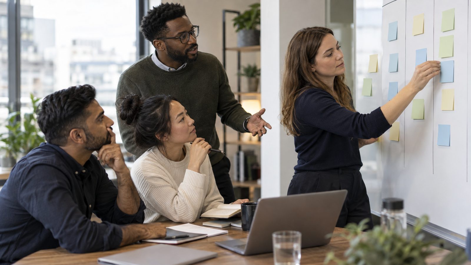 A small team gathered around a whiteboard with sticky notes