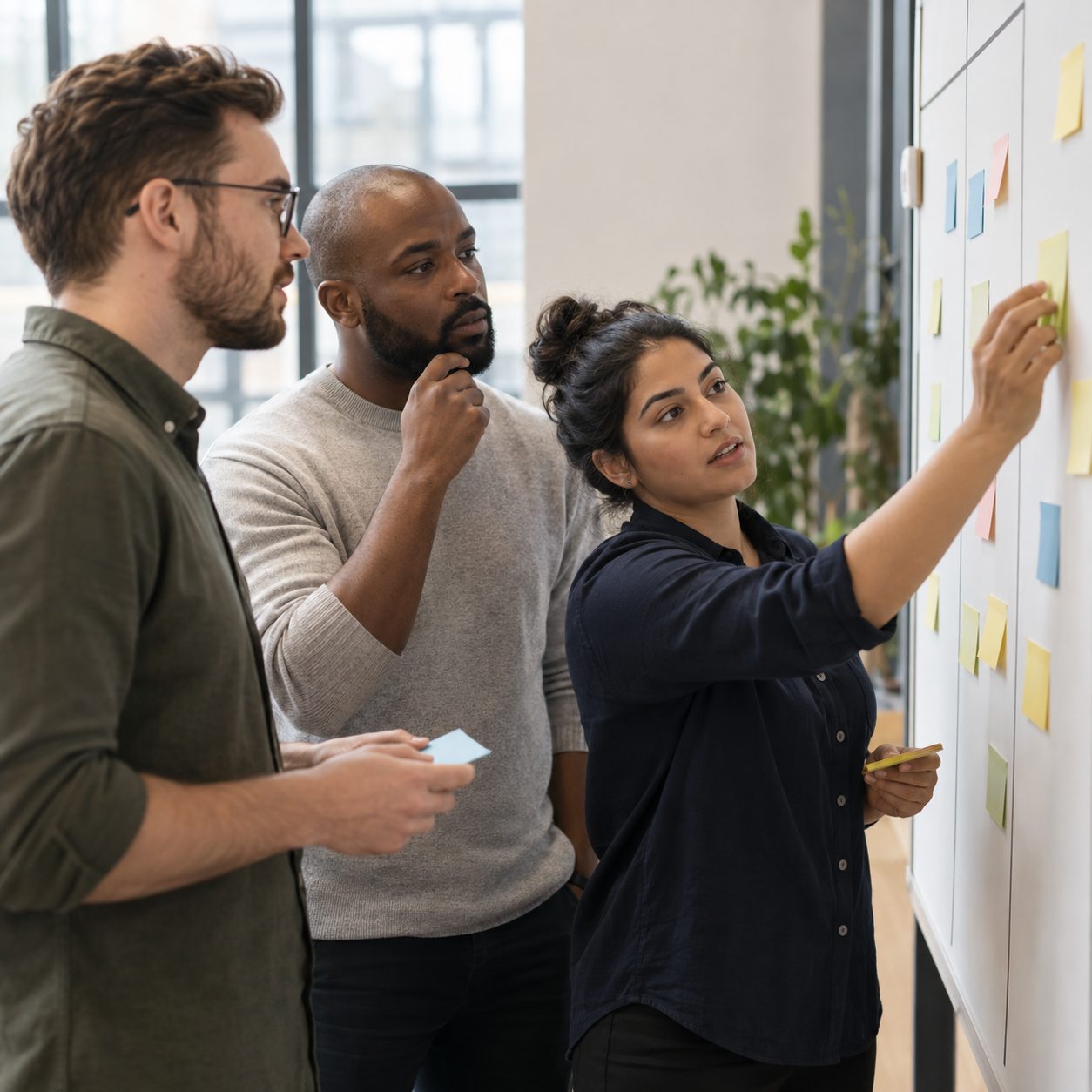 A project team reviewing a wall of coloured sticky notes