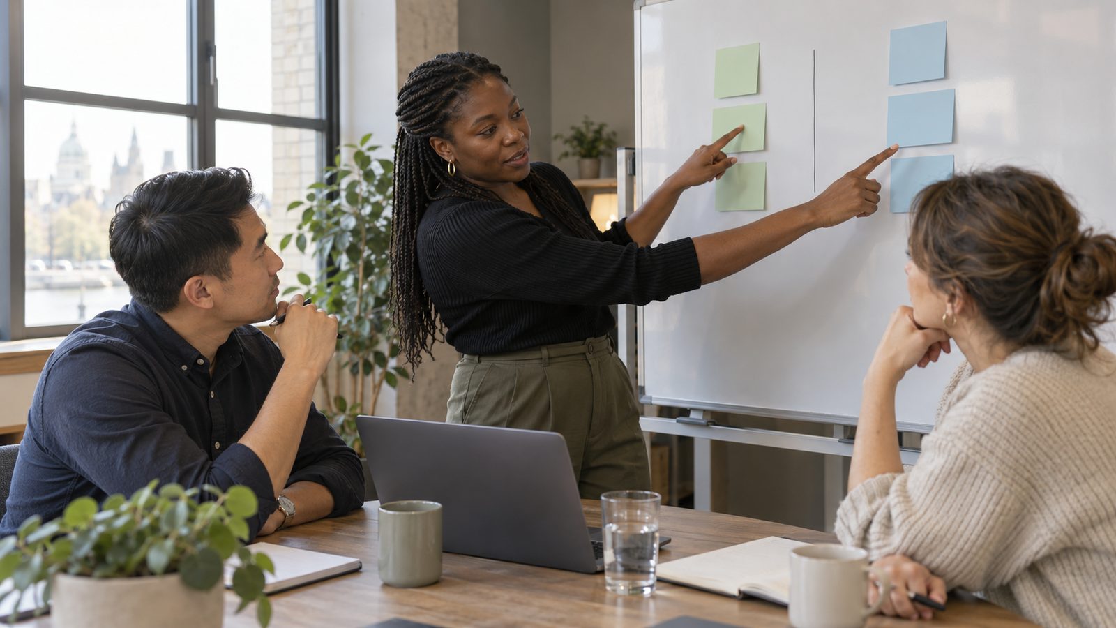 A colleague pointing to a sprint board of coloured sticky notes
